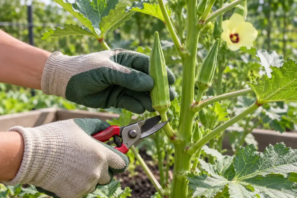 Gloved hands supporting an okra pod and cutting its short stalk with pruners