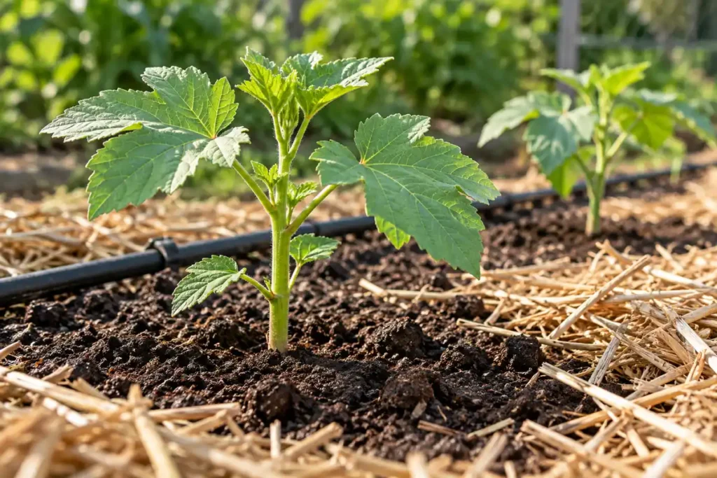 Young okra plants with lobed leaves beside drip irrigation and straw mulch