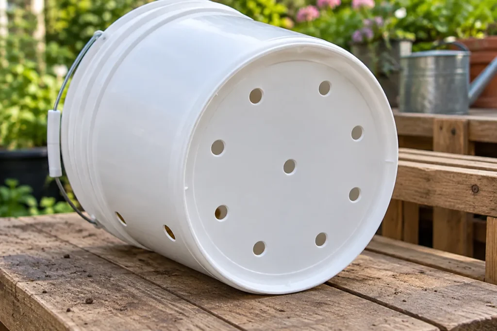 Drainage holes across the base and low sidewall of a white planting bucket