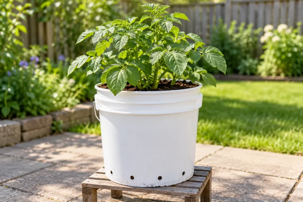 Potato foliage growing in a white bucket with low drainage holes on a raised wooden support