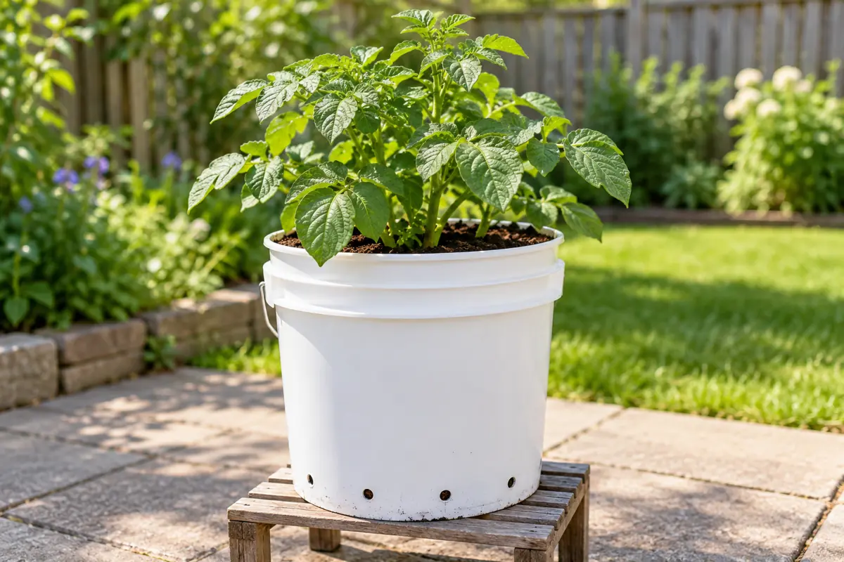 Potato foliage growing in a white bucket with low drainage holes on a raised wooden support