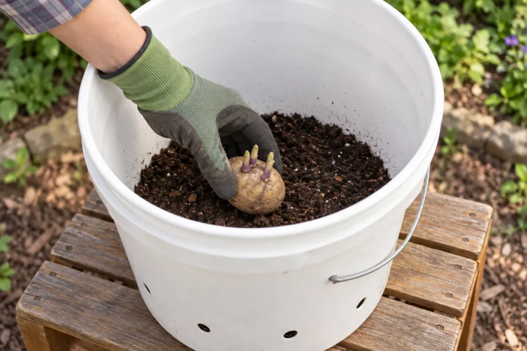 A gloved hand placing a sprouted seed potato on potting mix inside a white bucket