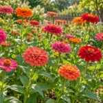 Pink, orange and red zinnias flowering above upright green stems in a sunny bed