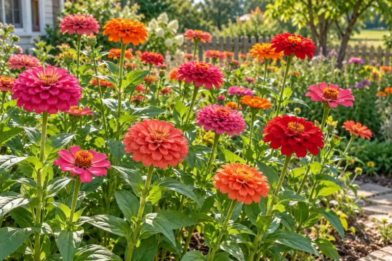 Pink, orange and red zinnias flowering above upright green stems in a sunny bed