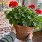 Potted red geranium being brought indoors from an autumn patio