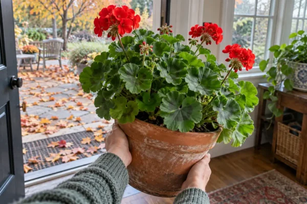 Potted red geranium being brought indoors from an autumn patio