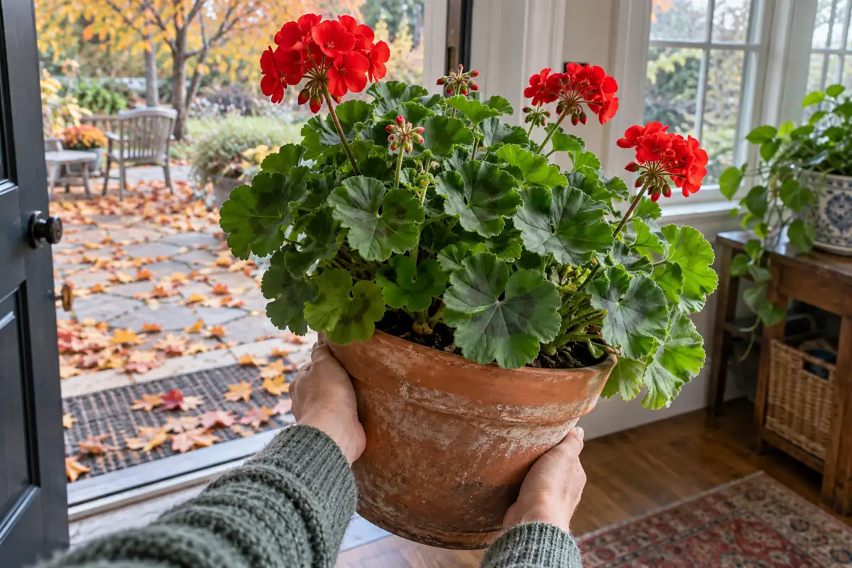 Potted red geranium being brought indoors from an autumn patio