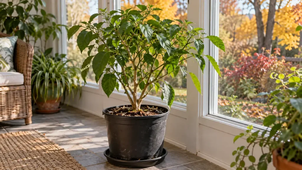 Mature potted pepper plant beside a sunroom window in autumn