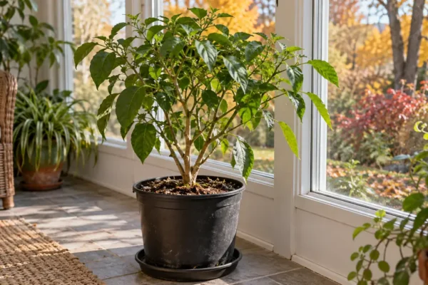 Mature potted pepper plant beside a sunroom window in autumn