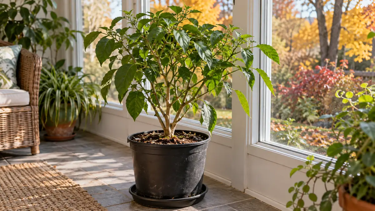 Mature potted pepper plant beside a sunroom window in autumn
