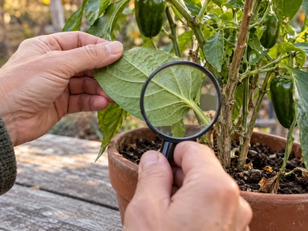 Hands examining the underside of a pepper leaf with a magnifying glass
