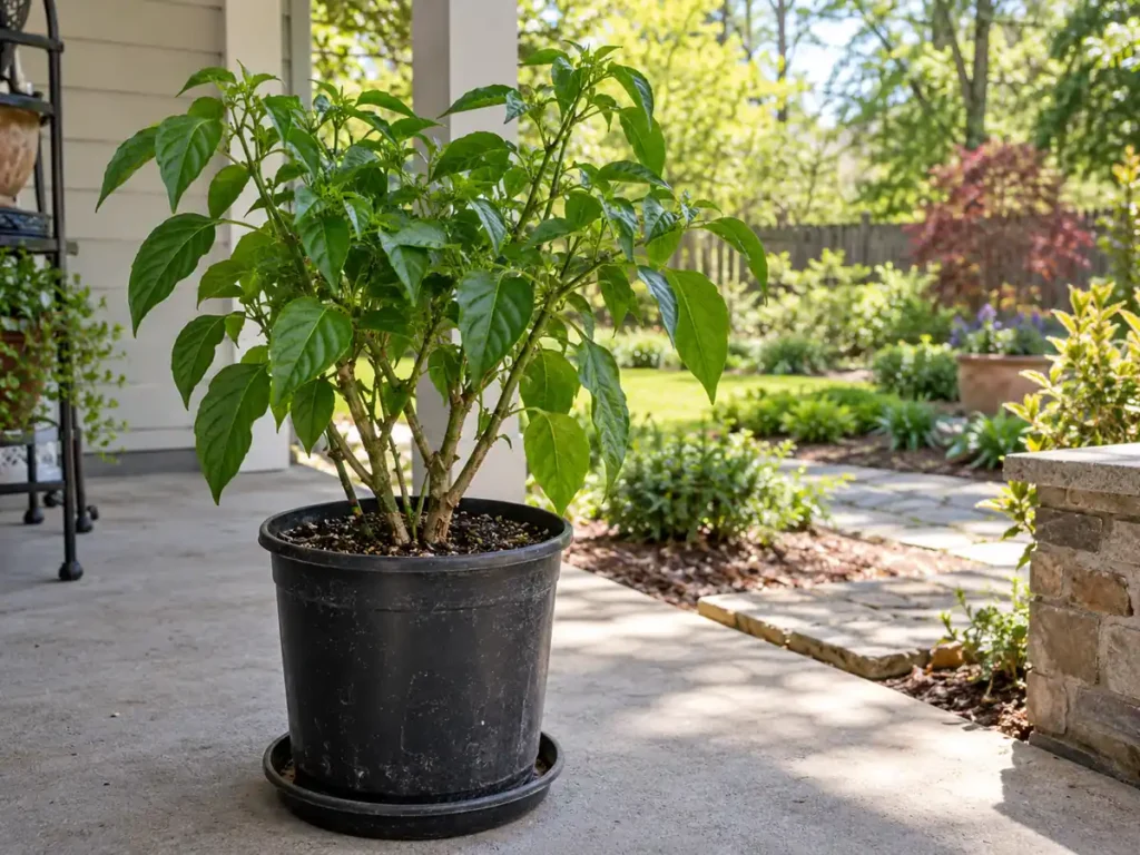Overwintered potted pepper plant in sheltered porch shade during spring