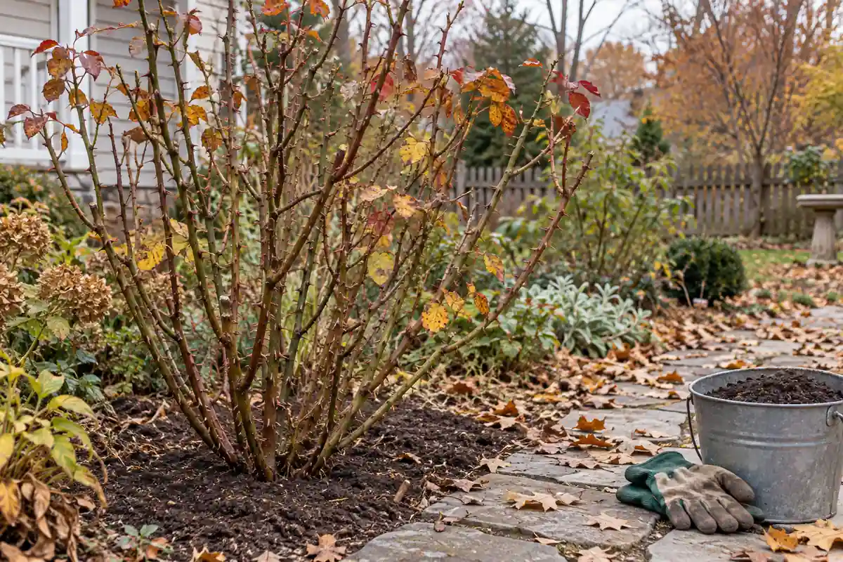 Rose bush with autumn leaves beside gloves and a bucket of soil