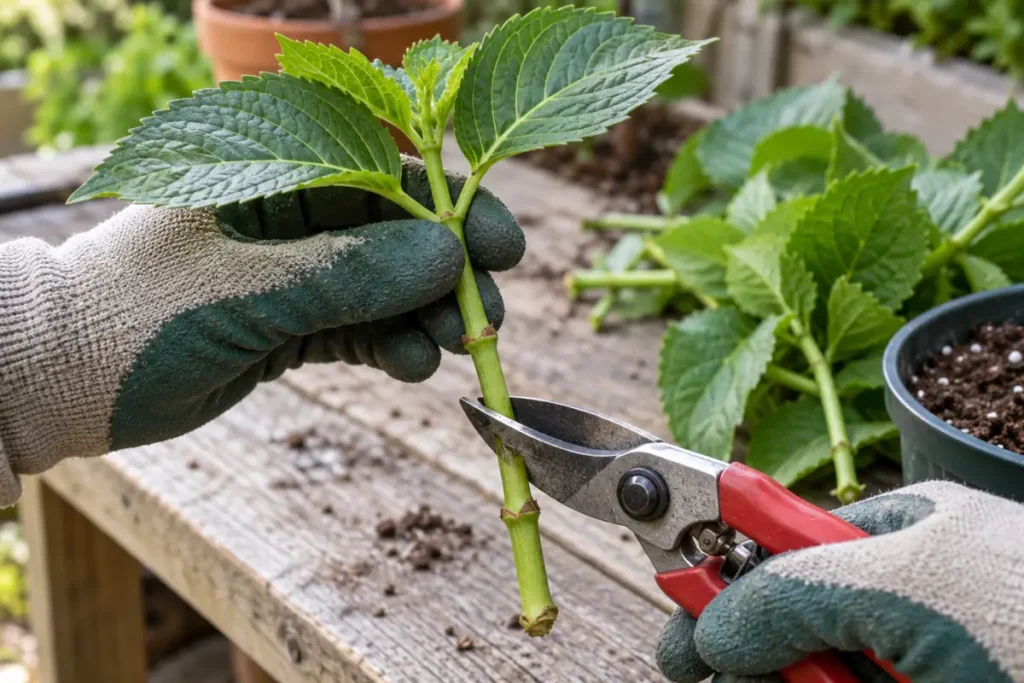 Pruners positioned below a leaf node on a green hydrangea shoot held in gloved fingers