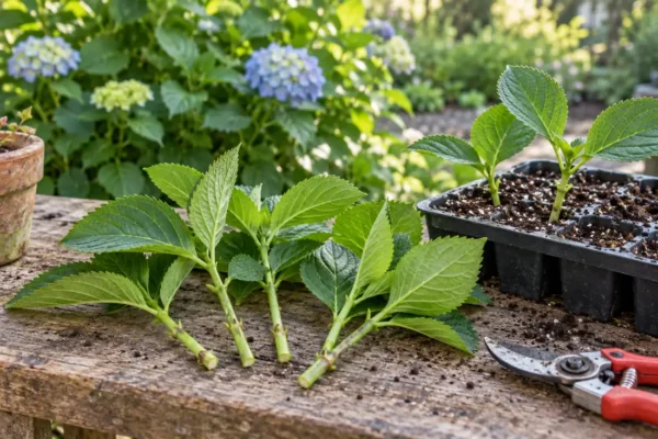 Hydrangea stem cuttings beside a tray of loose rooting medium