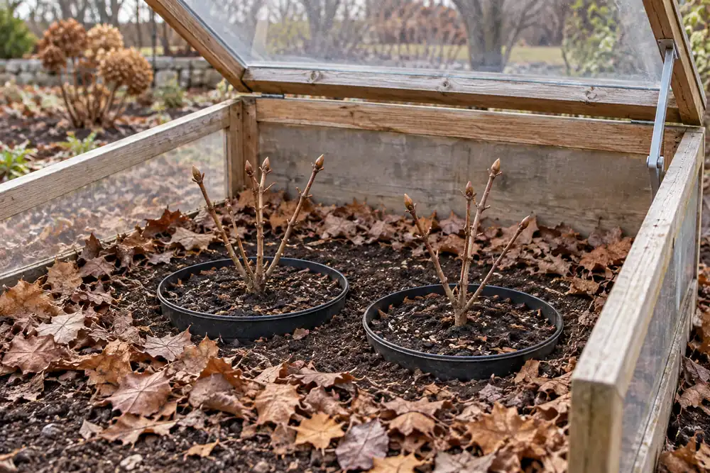 Young dormant hydrangeas in pots sunk into a garden bed inside a cold frame