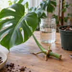 Monstera stem cutting with a node and aerial roots beside a jar and nursery pot