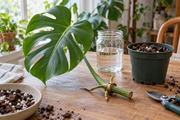 Monstera stem cutting with a node and aerial roots beside a jar and nursery pot