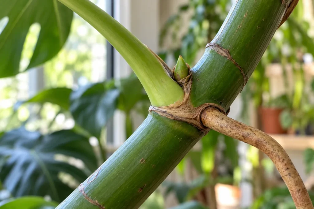 Monstera stem node with a leaf stalk, green growth bud and tan aerial root