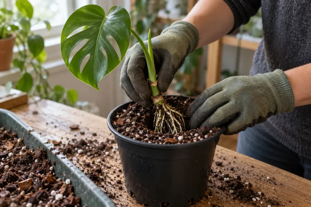 Gloved hands lowering a rooted Monstera cutting into loose potting mix