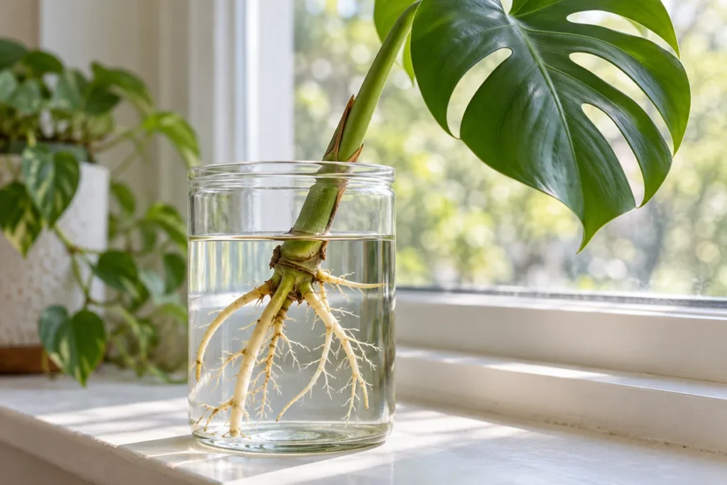 Cream-colored branched roots growing from a Monstera stem node in a clear jar