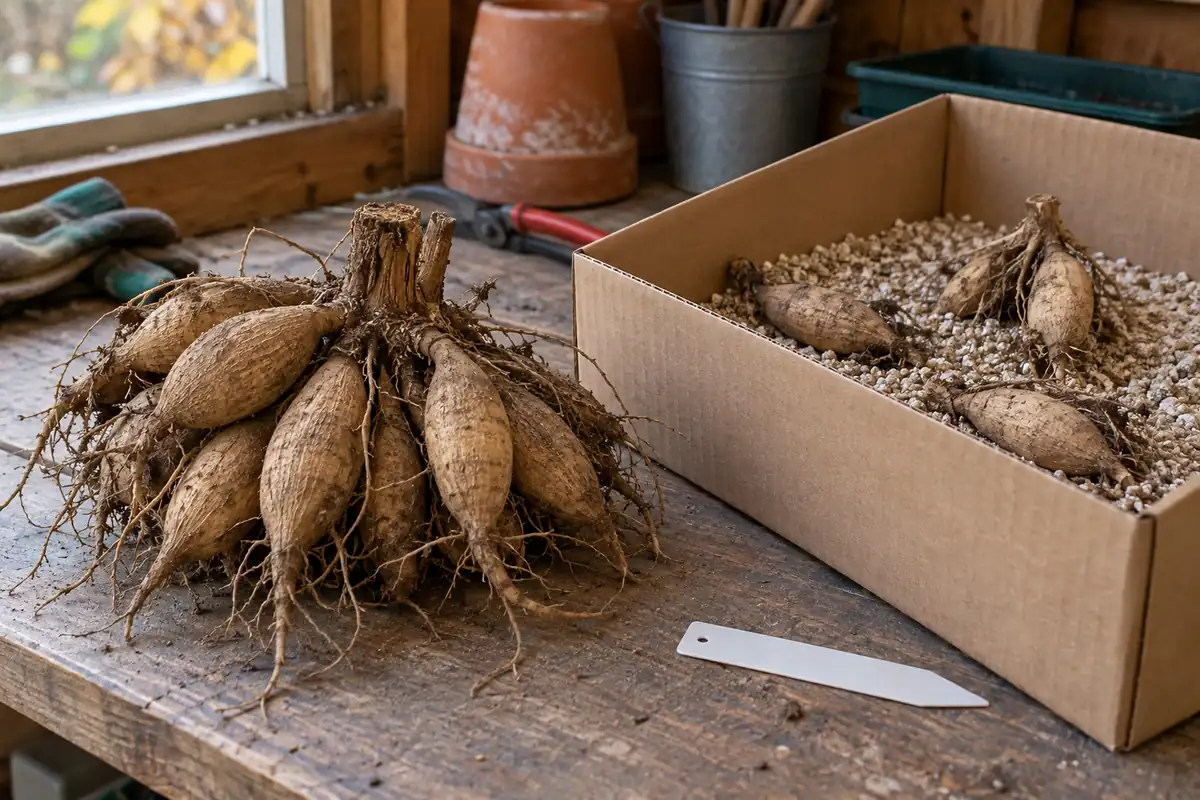 Dahlia tuber clump beside an open box of coarse vermiculite for winter storage