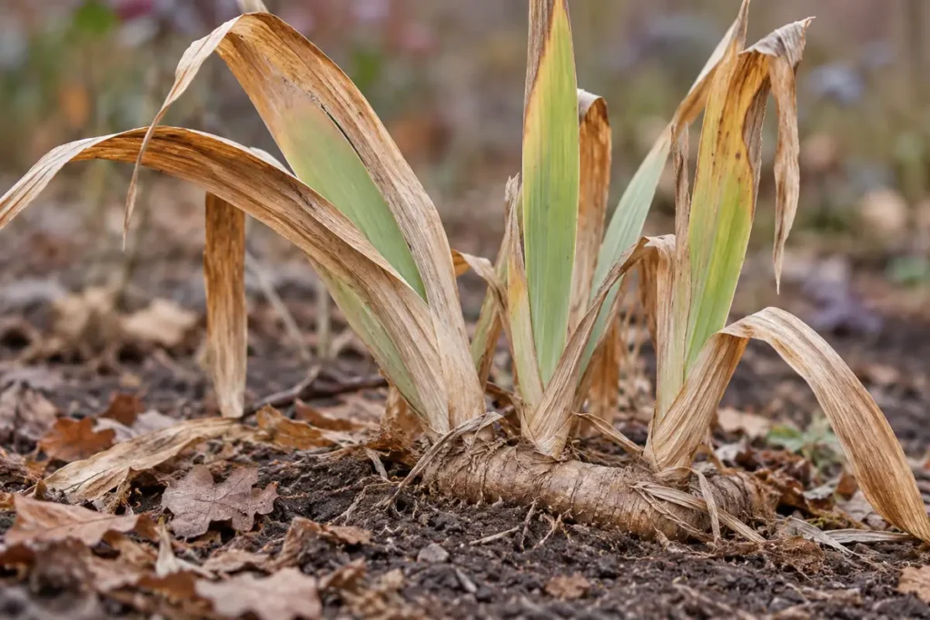Bearded iris with brown autumn leaf blades and some remaining yellow-green tissue above a surface rhizome