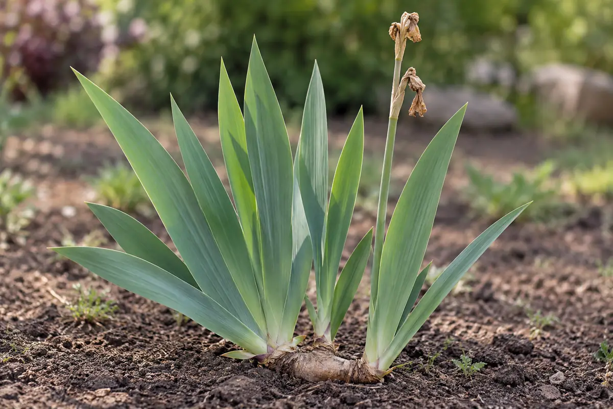 Healthy green bearded iris leaf fans beside a spent flower stalk above a surface rhizome