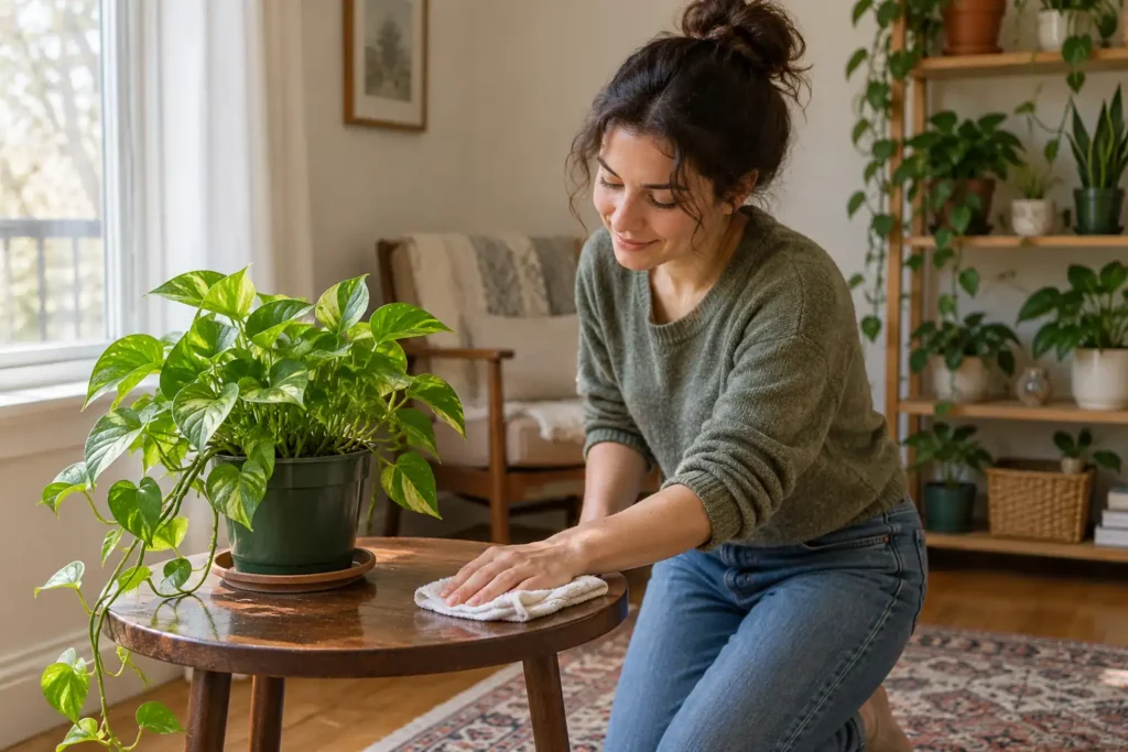 Houseplant standing alone on a table as a gardener wipes the surrounding surface