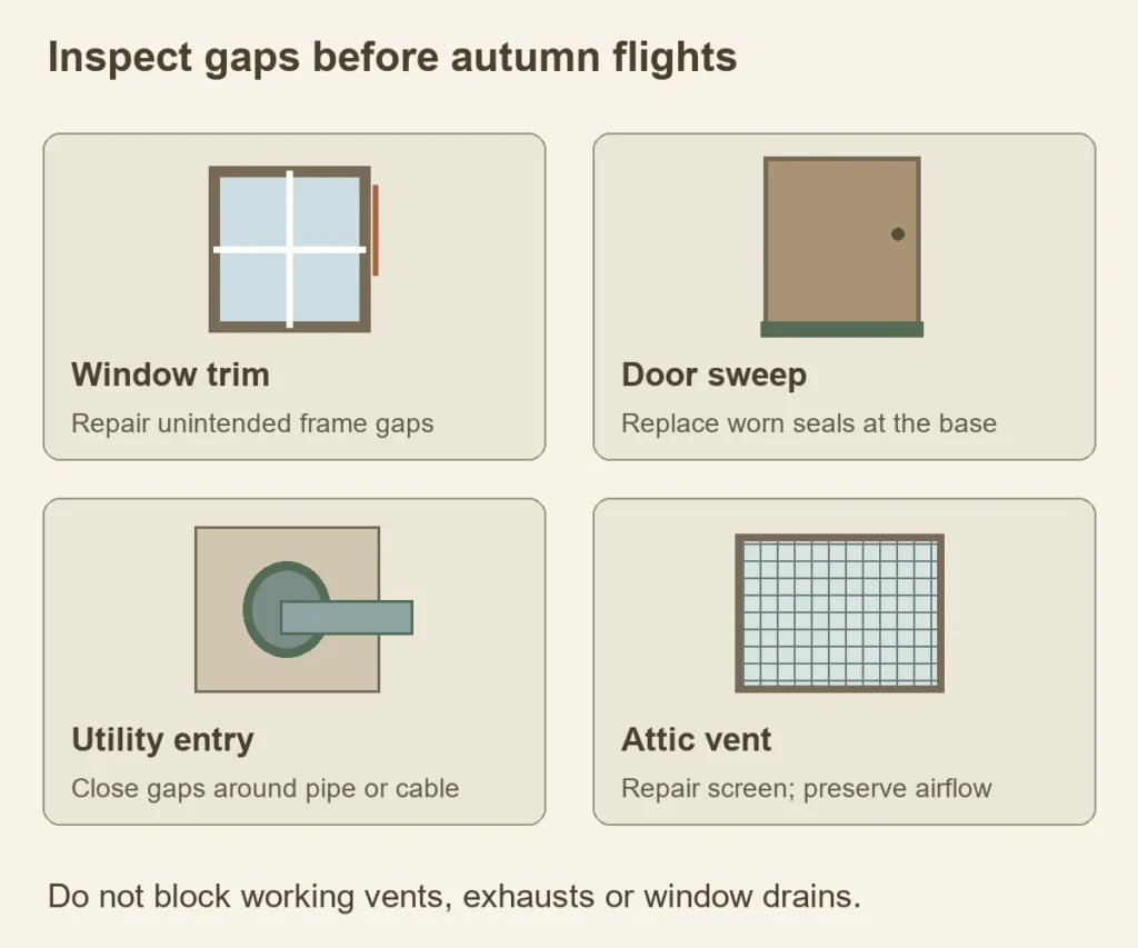 House entry checks at window trim, door sweep, utility penetration and screened attic vent