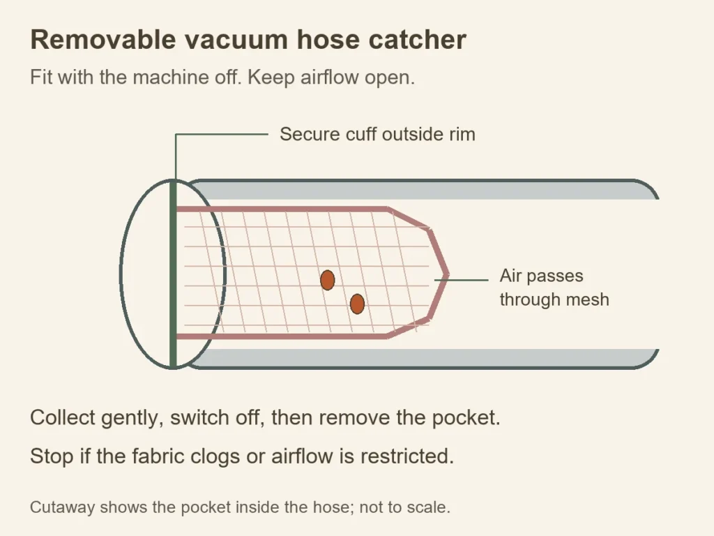 Vacuum hose with a stocking pocket inside and its cuff secured over the outside rim