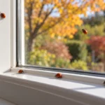 Small spotted lady beetles on an indoor window frame and sill in autumn