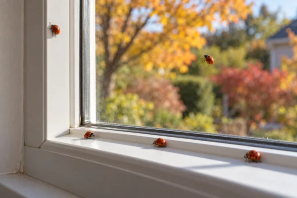 Small spotted lady beetles on an indoor window frame and sill in autumn