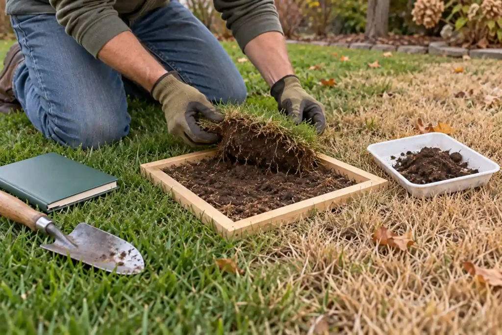 Gardener lifting a turf sample inside a wooden square beside a soil tray