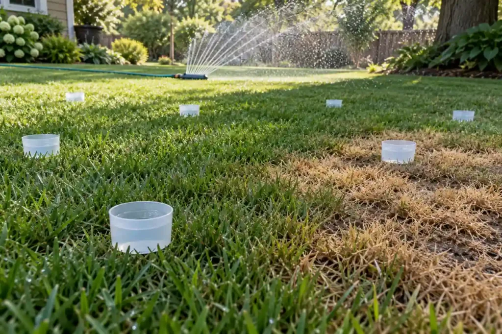 Collection cups spaced across green and brown lawn areas beside a working sprinkler