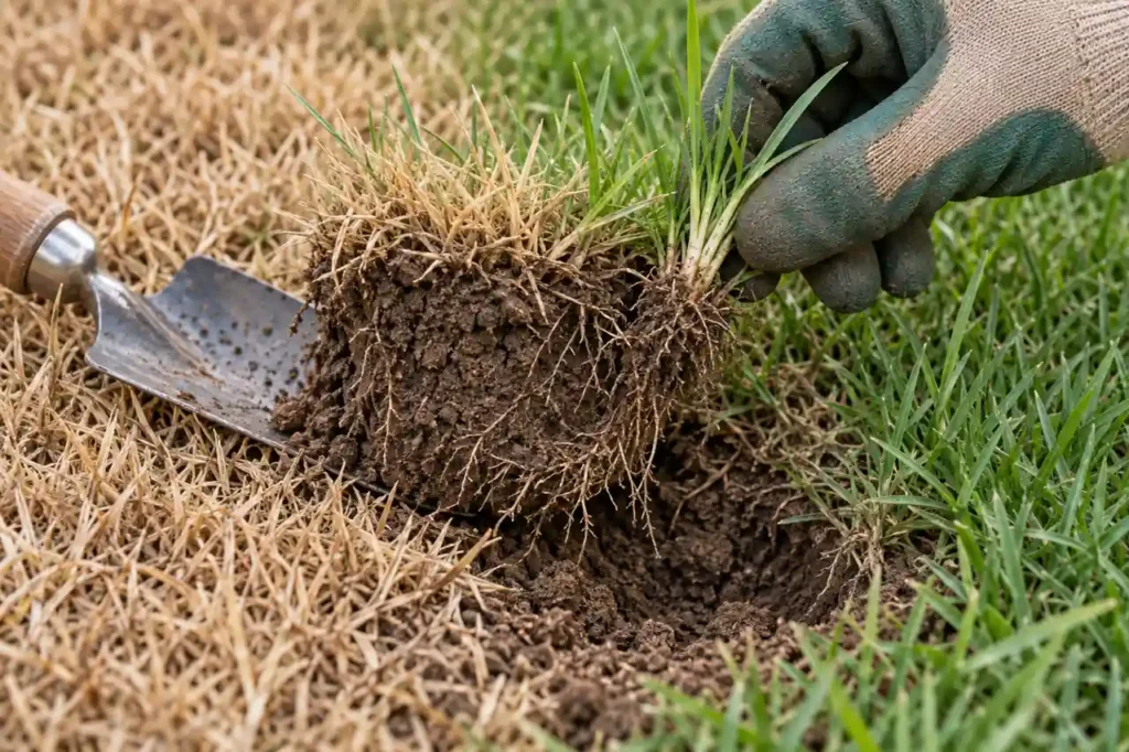 Gloved hand inspecting grass shoots and roots in a lifted turf plug