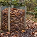 Wire mesh leaf bin filled with brown fallen leaves and supported by wooden stakes
