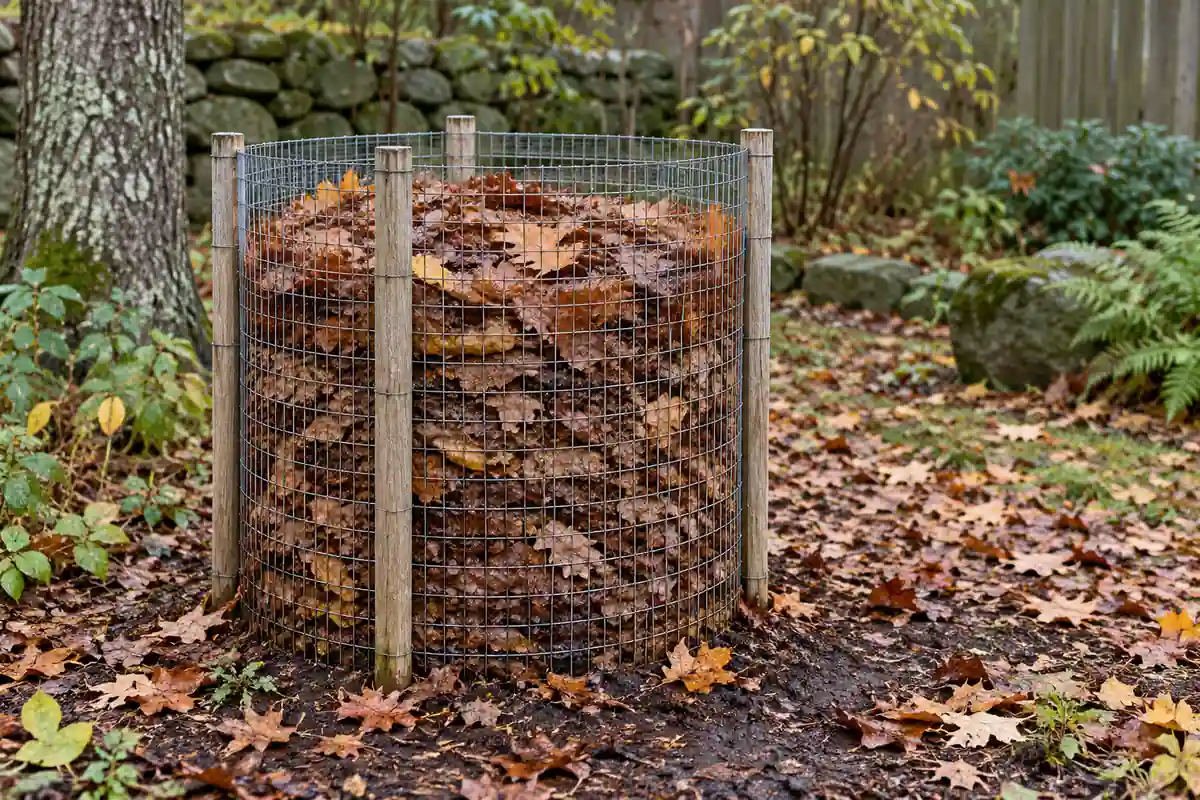 Wire mesh leaf bin filled with brown fallen leaves and supported by wooden stakes