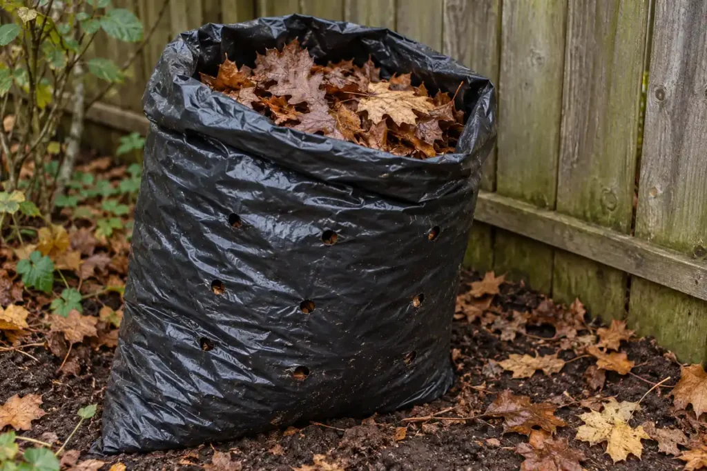Perforated black garden bag holding damp fallen leaves on soil