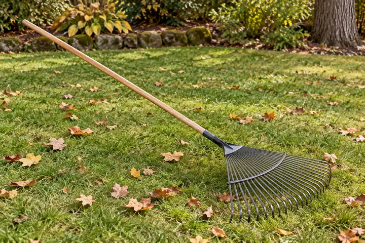 Leaf rake with a wide fan of thin flexible tines resting on grass