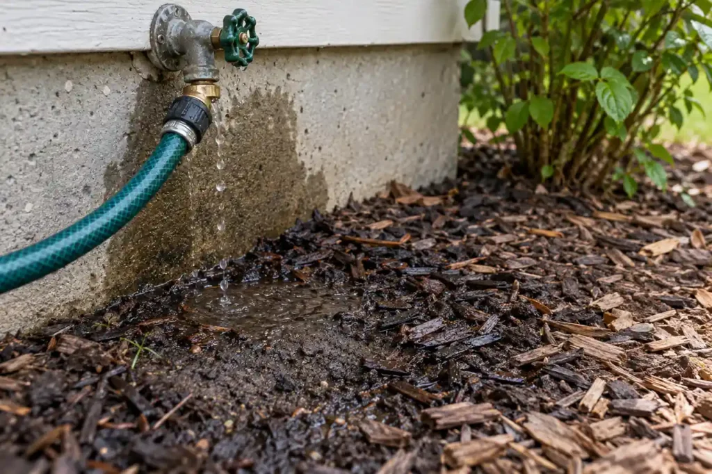 Leaking outdoor faucet wetting mulch beside a foundation