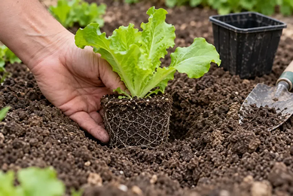 A hand supporting a lettuce root ball above a prepared planting hole