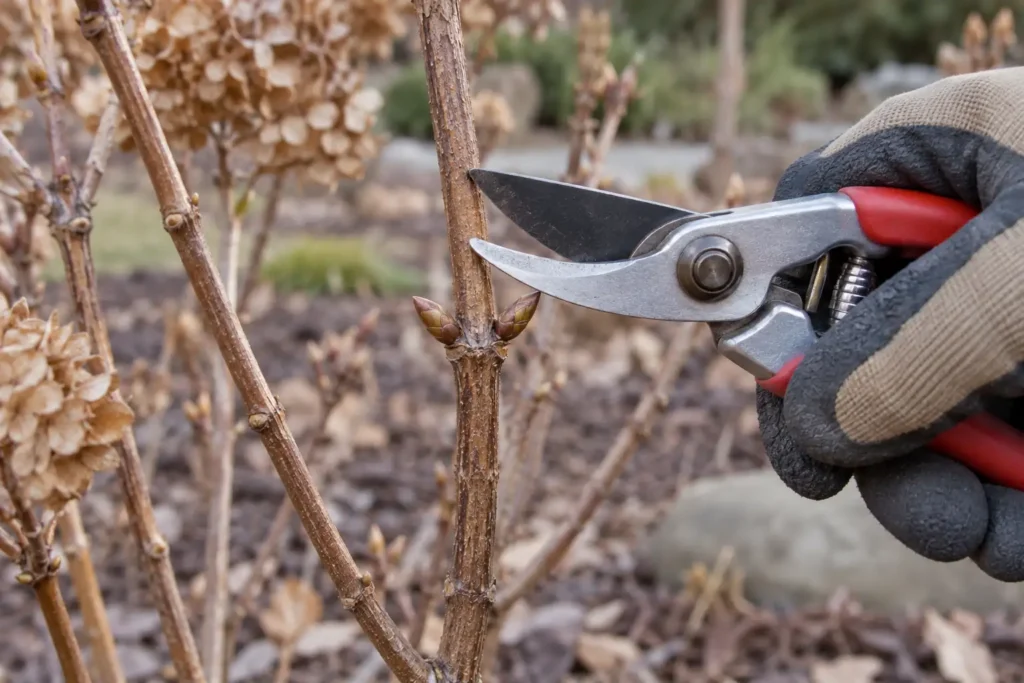 Opposite buds on a hydrangea stem beside an open bypass pruner