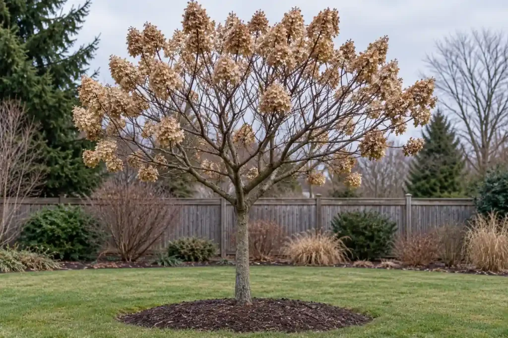 Tree-form panicle hydrangea with an intact trunk and leafless branching crown