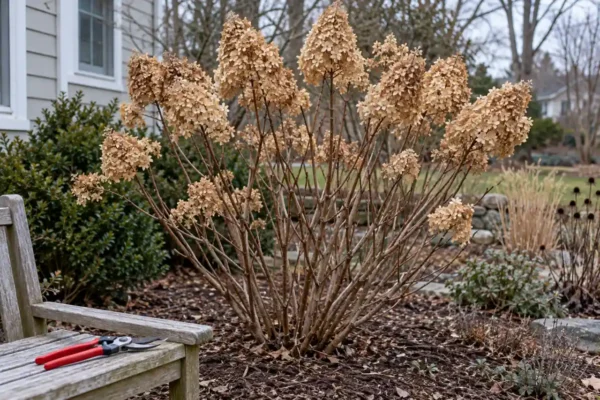 Leafless Limelight hydrangea shrub with dried flower panicles in a winter garden