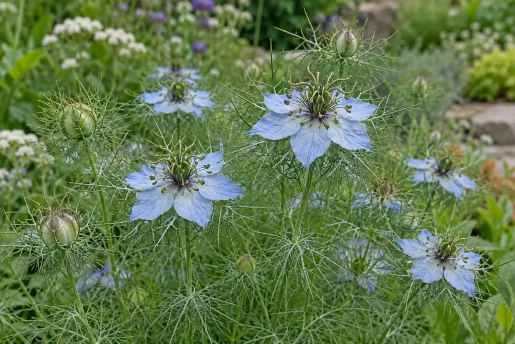 Pale blue love-in-a-mist flowers and seed pods surrounded by fine threadlike foliage