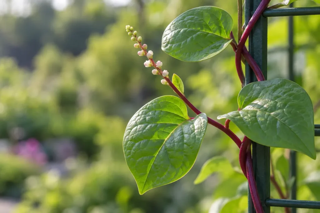Glossy heart-shaped Malabar spinach leaves and a flower spike on a red climbing stem