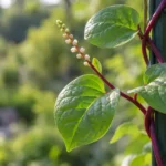 Glossy heart-shaped Malabar spinach leaves and a flower spike on a red climbing stem