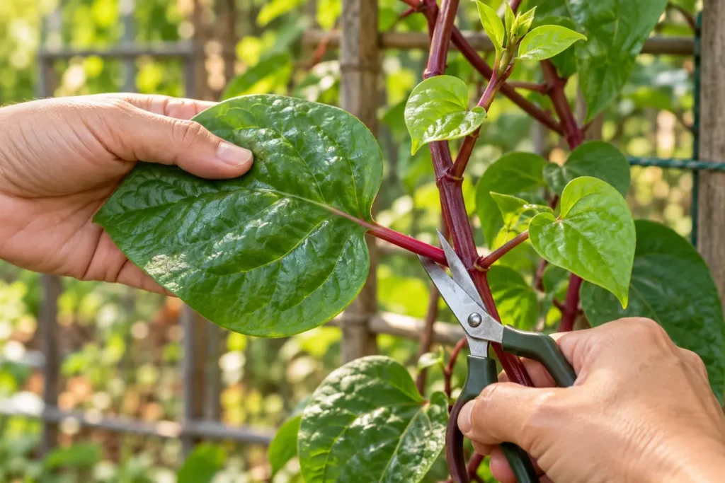 A gardener cutting a Malabar spinach leaf stalk beside the main red vine