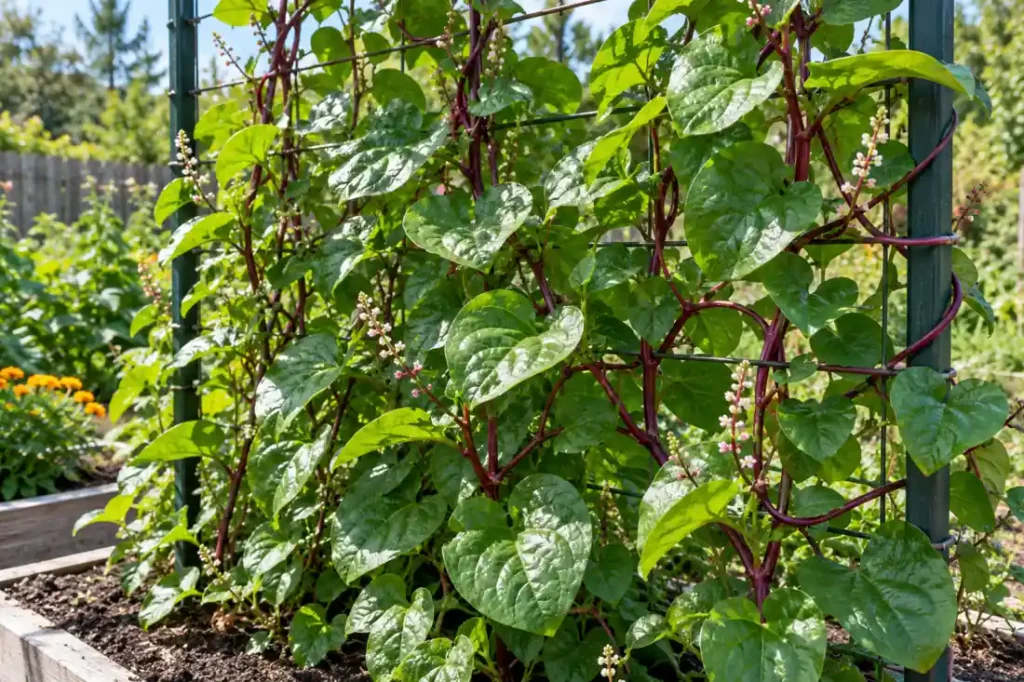 Malabar spinach vines with fleshy leaves and reddish stems climbing a garden trellis